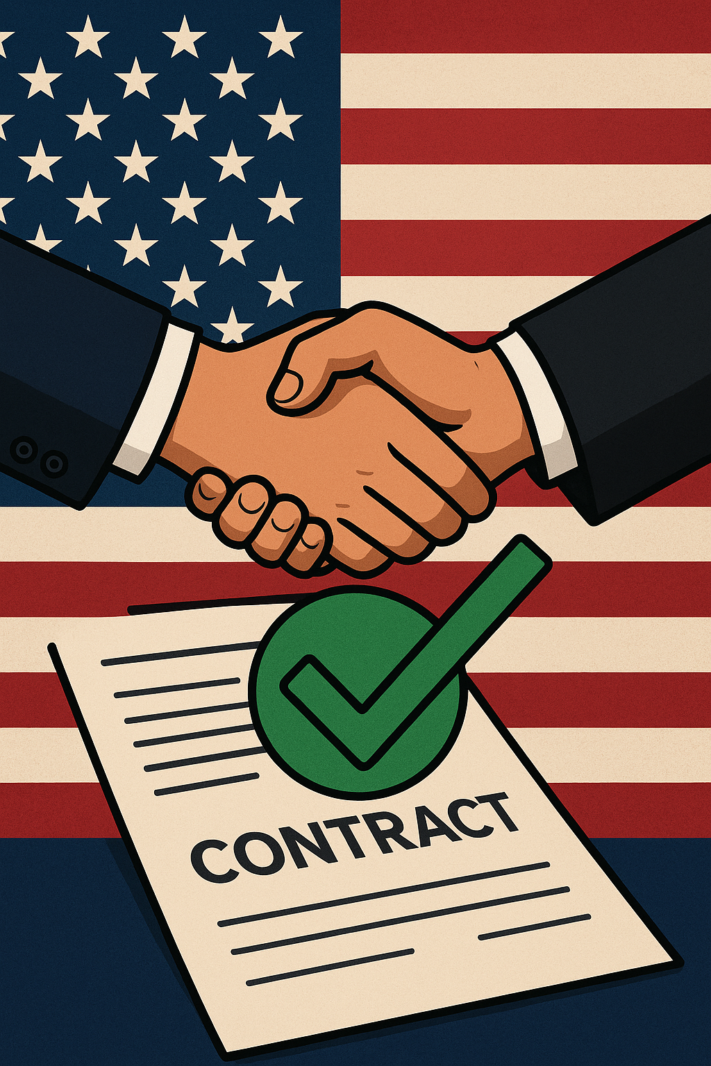 Handshake over American flag with contract document - VeroCore Solutions government contracting services